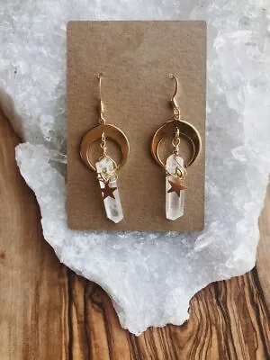 $2.93 • Buy Aura Quartz, Moon&star Gift,dangle Earrings,Pagan Gift, Wicca Jewelry