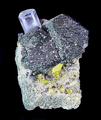 $350 • Buy EXQUISITE AQUAMARINE & TITANITE On QUARTZ W/ MOLYBDENITE (Tucson Mineral Show!)