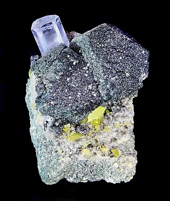 EXQUISITE AQUAMARINE & TITANITE On QUARTZ W/ MOLYBDENITE (Tucson Mineral Show!) • $350