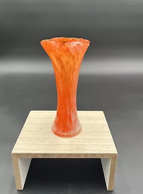 Fluted Hand Blown Glass Vase Orange & White Swirl Vintage 6.5” Tall • $9.99