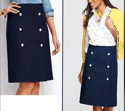 Talbots Faux-Wrap A-Line Skirt-Navy Blue/Silver Buttons-Sailor-Size 6 Petite • £20.37