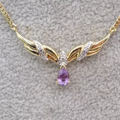 9ct Gold Amethyst Diamond Wishbone Necklace Set With Stud Earrings  • £49.99