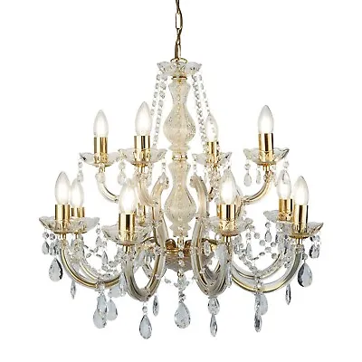 12 Lights Polished Brass Finish Ceiling Fitting Chandelier Light With Crystals • £324.95