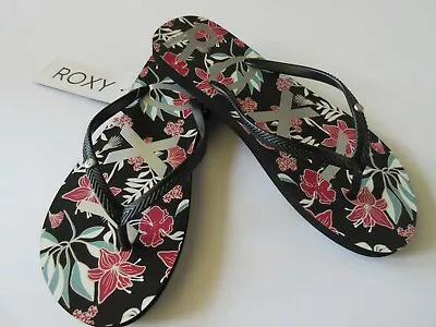 Roxy Women's Flip Flop Sandal Guppy Style Black Floral With Silver Lettering New • $15.95