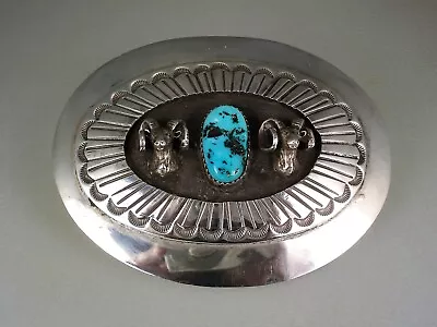 $225 • Buy OLD Clarence Bailon KEWA STERLING SILVER & TURQUOISE BIGHORN SHEEP BELT BUCKLE
