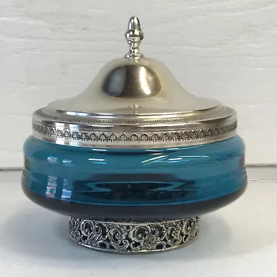 Vintage Teal Blue Glass Candy Dish With Silver Tone Lid And Ornate Footed Base • $42.46