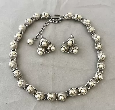 Vtg. Trifari Necklace And Earrings Silver-Tone With Pearls  • $29