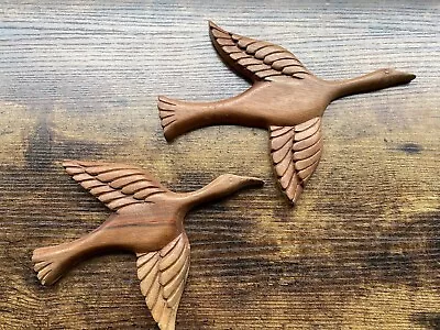 Vintage Pair Hand Carved Wood Birds In Flight Flying Geese Wall Art Decoration • $24.99