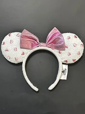 White Heart Sequin Mickey Mouse Minnie Ears Disney Parks Pink Bow Headband • $24.99