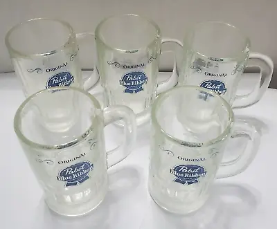 Vintage Pabst Blue Ribbon Beer Mug Glass 10 Oz  D  Handle Heavy - Set Of 5 • $19.49