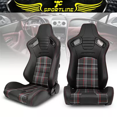 Universal Pair Reclinable Racing Seats Dual Slider PU & Carbon Leather Red Plaid • $326.59