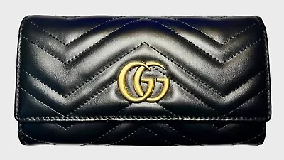 GUCCI Continental GG Marmont Black Leather Long Wallet W/ Gold Accents • $350