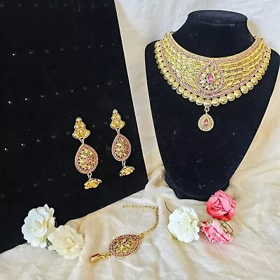 Indian Jewellery: 4pc Jewellery Set In Gold With Pink Stone • $60