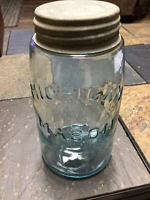 Vintage MICHIGAN MASON MG Monogram Base Quart Blue/Aqua Fruit Jar  • $31