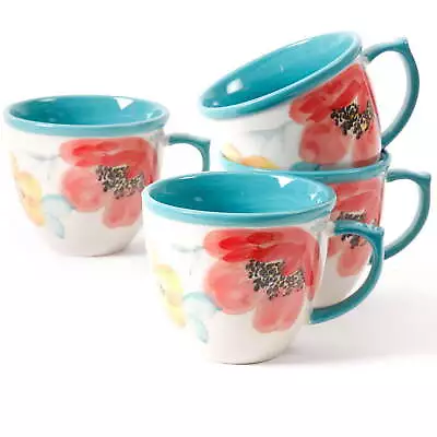 Vintage Bloom Turquoise Cermaic 4-Piece 16-Ounce Coffee Mug Se • $18