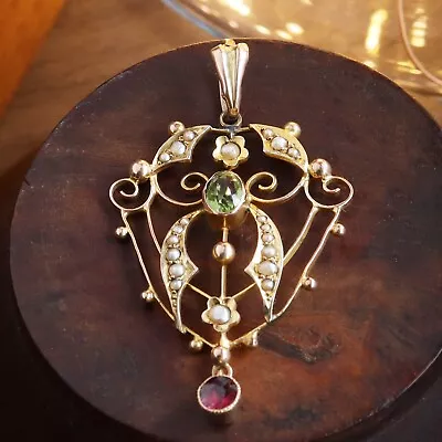 9ct Gold Edwardian Peridot Amethyst Seed Pearl Art Nouveau Pendant Sufragette • £155