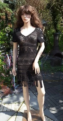 £19.99 • Buy South Retro Dress Tassels Hand Crochet Black RRP £75 Size 8-10 Fringed Minidress