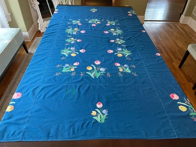 $76 • Buy Vintage Tablecloth Hand Embroidered Applique Blue Floral Tulips Large 81.5 X 62