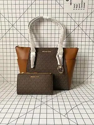 Michael Kors Charlotte Top Zip Tote Brown Signature MK Shoulder Bag&Wallet Set • $189