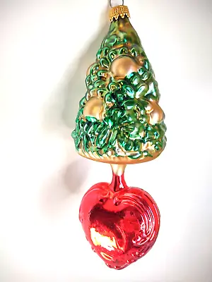 Germany 6  Glass Christmas Tree Drop Heart Ornament 1997 Gold Glitter VTG • $11.25