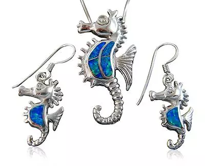 925 Sterling Silver Hawaiian Blue Opal Seahorse Sea Dangle Earrings Pendant Set • $45.95