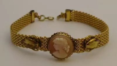 Antique Carved Cameo Girl Mesh Bracelet Victorian 12k Gold Filled NICE • £27.57