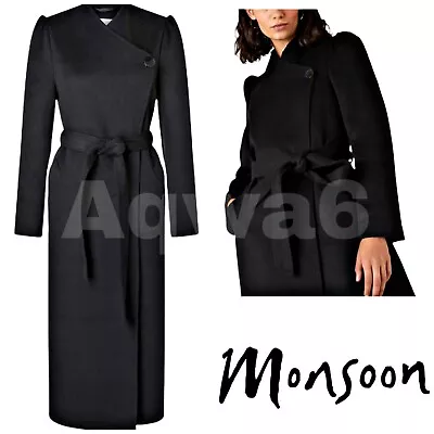 NEW Monsoon Black Military Maxine Long Coat  With Wrap Belt UK  Size 16 • $111.90