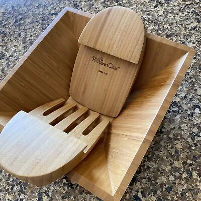 Pampered Chef Square Bamboo Serving 9  Bowl & Tongs Set 1008 VGC Ships Fast • $26.99