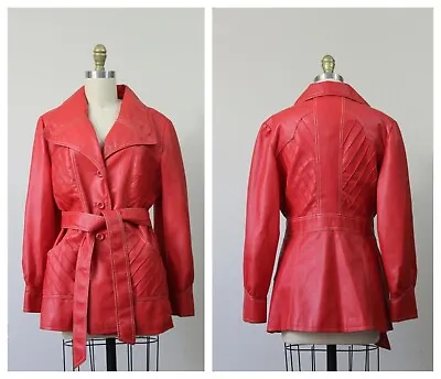 VTG 1970s 70s Red Vegan Faux Leather Chevron Patterned Coat Belted Spy Boho S/m • $34.99