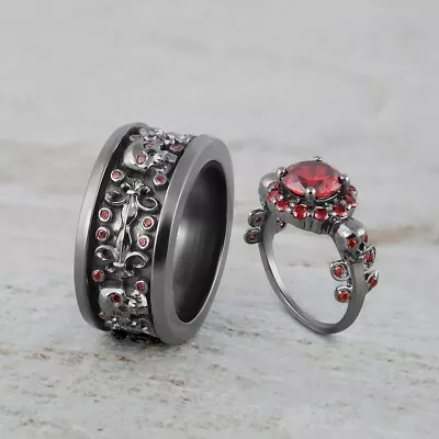 Gothic Skull Engagement Ring Band Set Matching Couple Ring Halo Garnet Gun Metal • $692.99