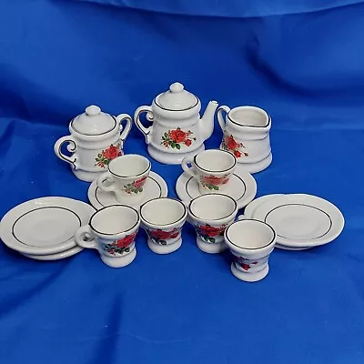 Red Rose Miniature Tea Set 17 Piece Doll House Tea Set Cups Saucers Pots Lids • $15