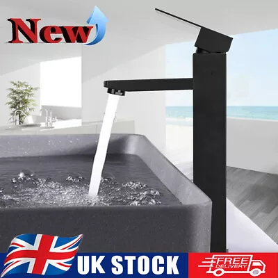 Modern Tall Counter Basin Mixer Tap High Rise Bathroom Sink Faucet Matt Black UK • £13.89