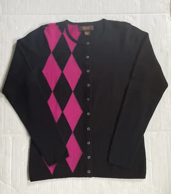 Vintage Victor Alfaro Cashmere Cardigan Sweater Small Black Pink Fuchsia Argyle • $34