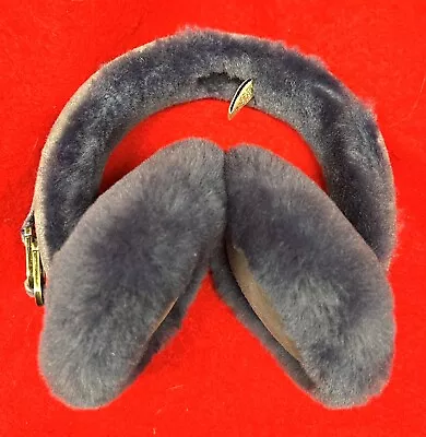 UGG Navy Blue Shearling & Suede Foldable Fluffy Warm UGG Earmuffs Logo Buckle • $33.95