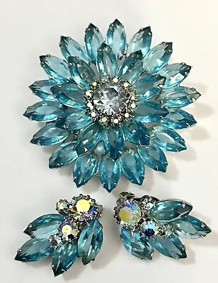 Vintage Rhinestone Set Flower Brooch Clip Earrings Matching Lot Weiss? Estate • $72