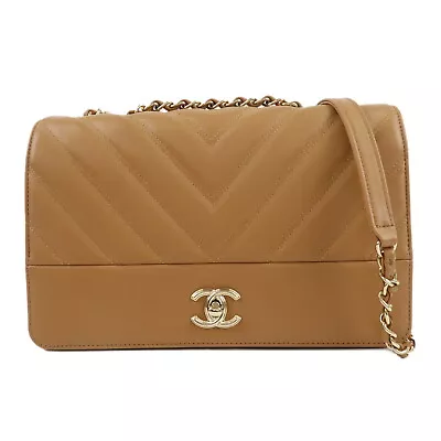 Authentic CHANEL Chevron Lamb Skin COCO Mark Chain Shoulder Bag Beige Used F/S • $11700