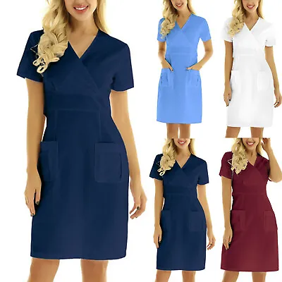 $11.82 • Buy Womens Nursing Scrub Dress Solid Medical Work Uniform Dress Splice Pocket DressA