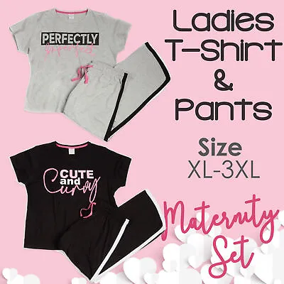 Ladies Maternity Pregnancy T-Shirt Pants Pyjama Set Nightwear Nursing PJs XL-3XL • £11.99