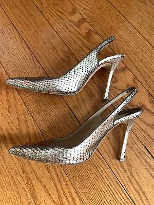 Silver Manolo Blahnik Snakeskin Slingbacks Size 39 • $275