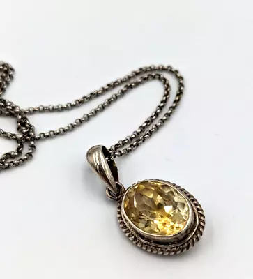 Vintage Sterling Silver 925 Oval Citrine Classic Pendant Rollo Chain Necklace • $47