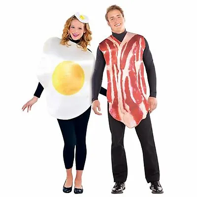 BN Mens Womens Bacon Egg Fancy Dress X2 Costume Halloween Breakfast One Size M/L • £20.90