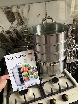 Stainless Steel Steamer Set MANTOVARKA95L 3 Levels High Quality With Glass Lid • $290