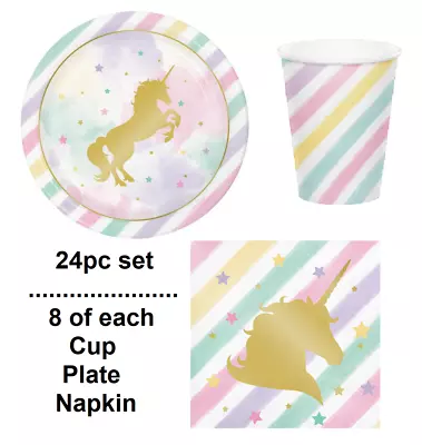 24pc Unicorn Tableware Set Plates Cups Napkins Childrens Magical Baby Birthday • £10.95