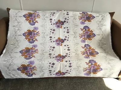 VTG 70s Handmade Floral Bouquet Purple Print Lace Trim Textured Tablecloth READ • $15.98