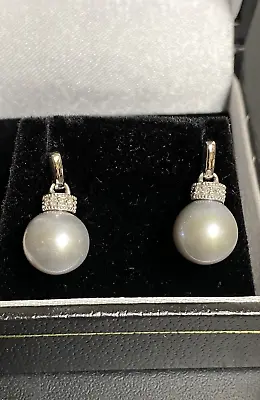 £225 • Buy White Gold 9ct Round Grey Pearl & Diamond Rondelle Drop Earrings Jewellery