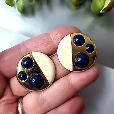 Vintage Estate Monet Signed Gold Tone Enameled Blue Acrylic Cabs Stud Earrings • $0.99