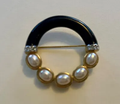 Vintage Andre Courreges Paris  Gold Tone  Pearl  Rhinestone Pin Brooch • $90