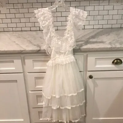 Vintage La Mendola Tiered Slip Nightgown White Nylon Childs Size Small Lace USA • $19.99