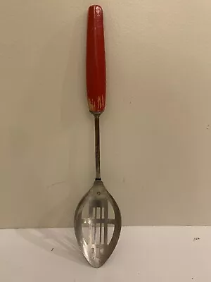 Vintage Androck Spoon Slotted Serving Chrome Red Wood Handle Country Kitchen USA • $12.95