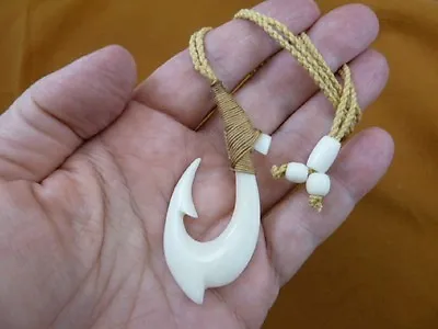 (MA-50) XL MAORI Style White Aceh Bovine Bone FISH HOOK PENDANT Braid Necklace • $49.99